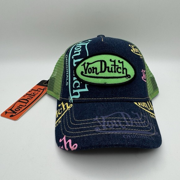 NWT Von Dutch Denim Green Apple Mesh Trucker Hat SnapBack Cap Y2K Style Logo - Picture 2 of 6